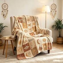 1PC Vintage Warm Brown Patchwork Sun Moon Moth & Plant Print Flannel Throw Blanket, Bohemian Style, For Home, Living Room, Sofa, Nap, Decorative Air Conditioning Blanket - Multicolor - View 11