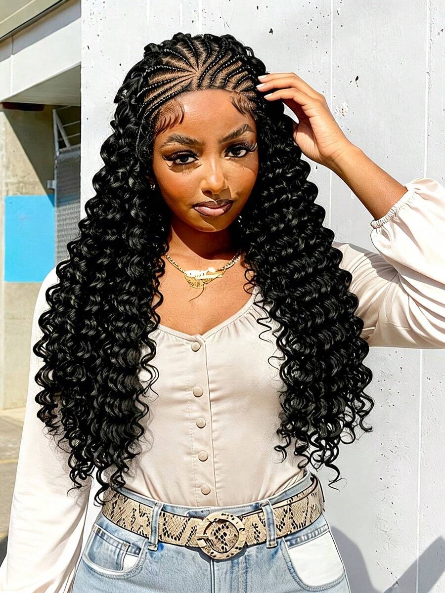 22 Inch Natural Corn Braid Woven Wig, Synthetic Fiber 13x6 Lace Front Jerry Curl Braided Wig With Baby Hair, Halloween - Black - View 1