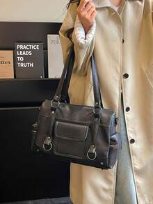 Metal Ring Rivet Decor Double Shoulder Handbag With Multiple Pockets, External Patch Pockets, Side Zipper Compartment, Layered Storage, Main Zipper Anti-Theft Large Capacity For Laptop, Umbrella, Cosmetics, Commuter Essentials, Versatile Tote Bag For Office Workers Daily Commute And Short Trips - Black - View 6
