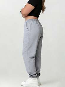 Celana Panjang Wanita Ukuran Besar Musim Gugur/Musim Semi Warna Polos Celana Olahraga Kasual Jogger Pinggang Elastis Tali Serut dengan Kantong Resleting Yoga Lari Olahraga - Light Grey - View 7