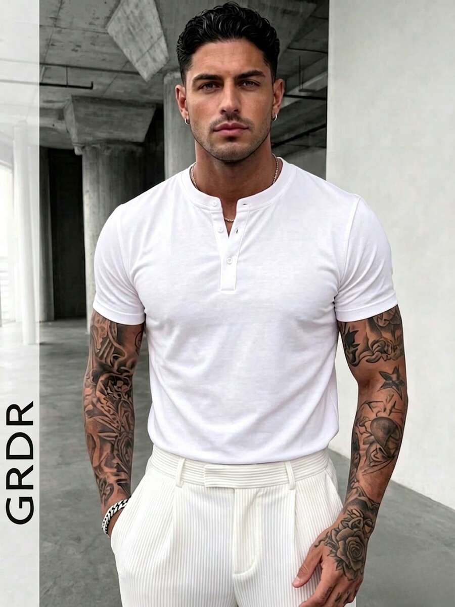 GRDR Men's Classic Solid Color Henley Neck Short Sleeve Shirt, Casual Essential Item, Summer Wardrobe Staple - White - View 1