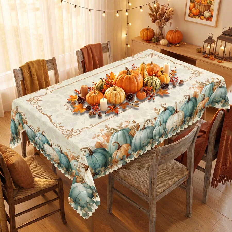 1pc Thanksgiving Autumn Pumpkin Print Rectangular Tablecloth, Suitable For Holidays, Parties, Birthdays, Dinner Parties, Restaurant Table Decoration, Thanksgiving Home Autumn/Winter Decor - A - View 1