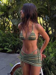 Bikinx Women's Summer Beach Wavy Pattern Halter Tie Sexy Bikini Set With Cover-Up Skirt Vacation, Resort Wear - Multicolor - View 8