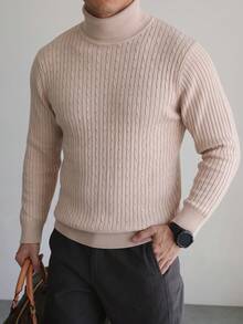 Men's Vintage Textured High Neck Sweater, Autumn/Winter Layering Basic Inner Wear, Knitted Pullover Cable Knit Top - Apricot - View 2