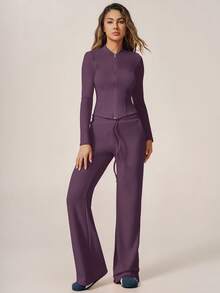 TimeOff Women's One Set Autumn/Winter Solid Color Stand Collar Zipper Long Sleeve Drawstring Waist Flare Pants Sports Set - Purple - View 6