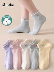 5/10 Pairs Women's Sweet Heart Short Socks, Cotton Socks, Soft And Breathable, Personalized, College Style, Suitable For Home, Commute, Holiday Gifts - Multicolor - View 4