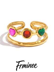 Frminee 2 Stücke/1 Stück 18K vergoldeter Edelstahl Doppelschicht offener Ring, bunter Herz-Kubikzirkonia verstellbarer Ring, wasserfest, nicht verblassend, exquisiter Statement-Schmuck - Verschiedenfarbig - Übersicht 6