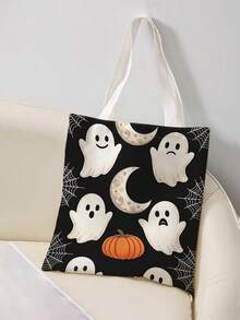 1 buah Tas Tote Kanvas Motif Hantu Kartun Halloween, Tas Bahu Genggam Kapasitas Besar, Tas Belanja yang Dapat Digunakan Kembali untuk Pesta Halloween, Membawa Buku Sehari-hari - MultiWarna - View 8
