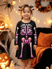 1pc Girls Toddler Casual Halloween Dress, Pink Purple Skull Little Ghost Heart Bat Spider Web Print, Soft Comfortable Knit Fabric, Suitable For Outdoor Wear, Autumn/Winter - Black - View 2