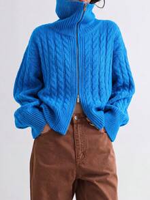 Women's Autumn/Winter Casual Minimalist Vintage Style Lapel Knit Cardigan Jacket - Blue - View 3