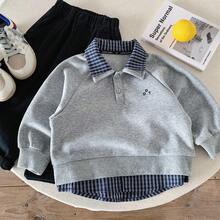 Sweatshirt Kasual Anak Laki-Laki, Gaya Musim Gugur Terbaru, Atasan Kerah Kotak-kotak 2 in 1 untuk Anak, Kemeja Polo Serbaguna, - Grey - View 3