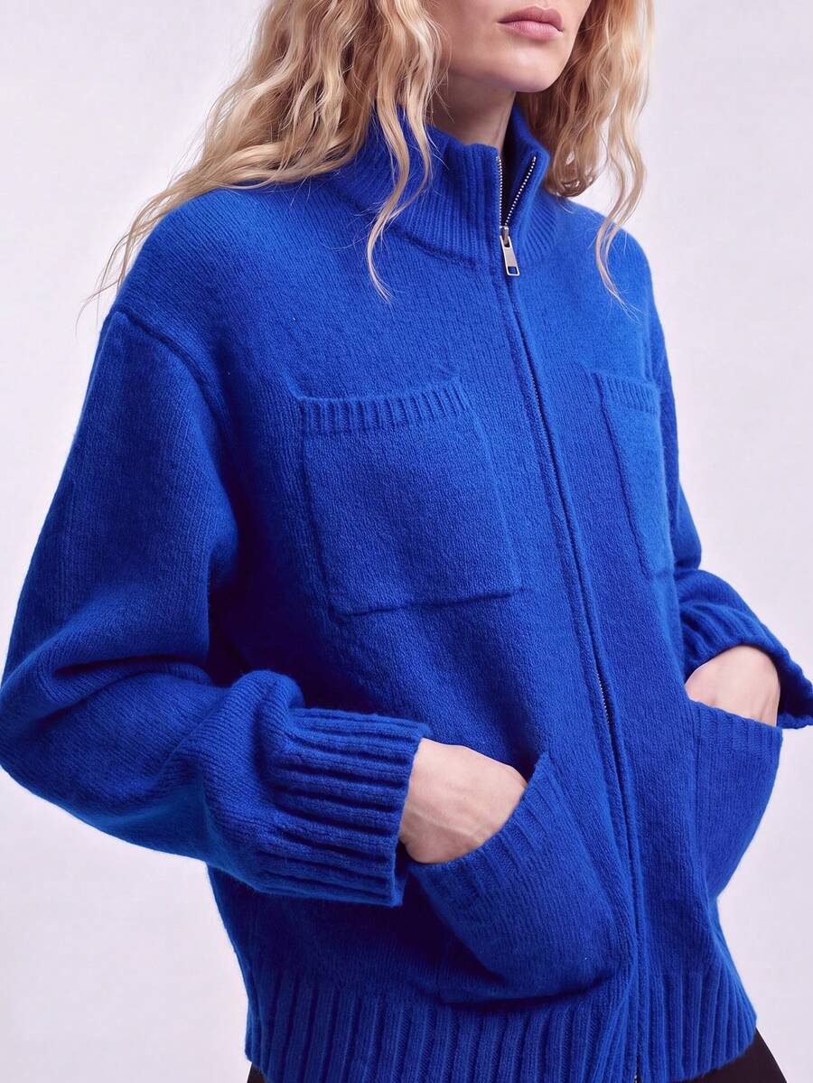 Women's Autumn/Winter Casual Minimalist Multi-Pocket Design Stand Collar Zip-Up Cardigan Jacket - Blue - View 1