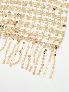 1 pièce Foulard bohème de style rue pour femmes avec paillettes dorées et franges, foulard de soirée de luxe en maille pour femmes, foulard brillant, convient pour la rentrée scolaire, les fêtes de campus, les vacances à la plage, les voyages de vacances, Halloween - Doré - Voir 6