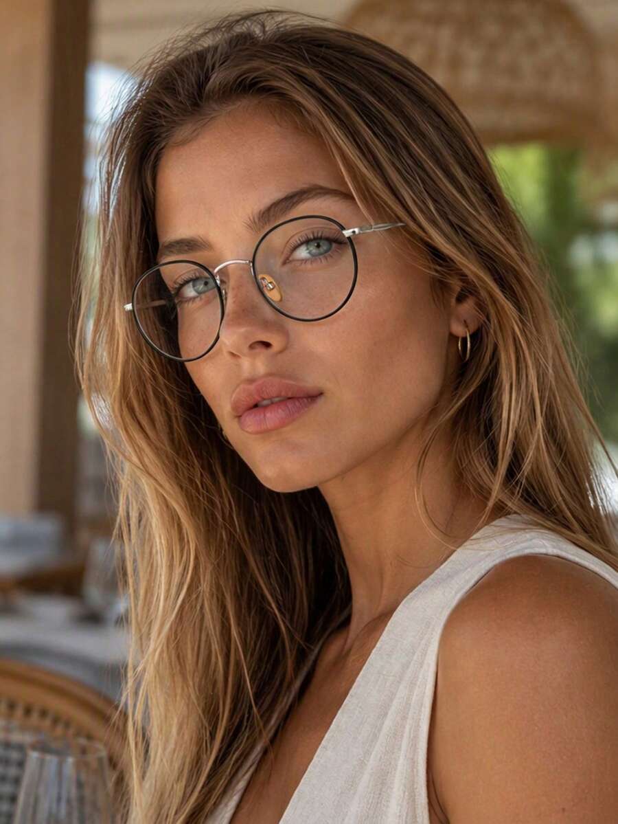Minimalist Women's Round Non-Prescription Glasses, Black & Silver Colorblock Thin Metal Frame, Classic Versatile Style, Fashion Eyewear For Campus, Reading, Office, Daily Casual Wear - Multicolor - View 1