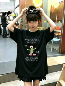 大码女式休闲简约短袖上衣，卡通人物印花，时尚百搭黑色夏季款 - 黑色 - 查看 12