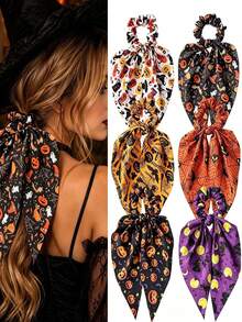 1pc Halloween Print Ribbon Bow Hair Tie, Pumpkin Spider Web Witch Pattern Hair Rope, Autumn Dark Hair Accessory, Gift For Girls - Multicolor - View 1