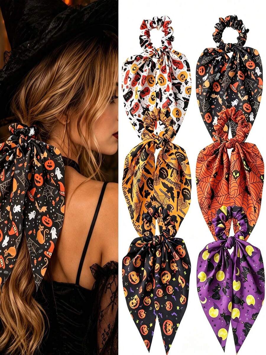 1pc Halloween Print Ribbon Bow Hair Tie, Pumpkin Spider Web Witch Pattern Hair Rope, Autumn Dark Hair Accessory, Gift For Girls - Multicolor - View 1