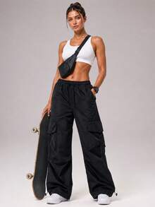 CZRLHYT Women's Solid‑Color Drawstring Cargo Pants With Front‑Tie And Pockets, Simple Casual Style For Outdoor Use, Women's Apparel - Black - View 2