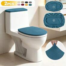 1 Set (2pcs) Super Soft Toilet Seat Cover And Tank Lid Decorative Protective Cover Set, Toilet Seat Cover And Dust Cover, Elastic Toilet Seat Cover With Elastic Base, Machine Washable, Suitable For Most Toilet Tanks And Toilet Seats, Home Decor - Multicolor - View 2