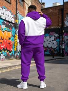 Plus Size Men's Purple & White Colorblock Cartoon Graffiti Character & Letter Print Hoodie & Sweatpants Hip Hop Street Casual Set - Multicolor - View 2