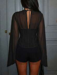 Women's Sexy Sheer Mesh Camisole Top With V-Neck And Flowy Sleeves, Suitable For Dates, Parties And Summer Black - Black - View 3