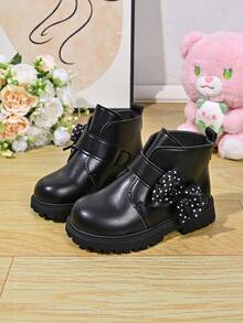 Girls' Black Bow Decor Ankle Boots, Autumn/Winter New Hook-And-Loop Thick Sole Non-Slip Versatile Casual Ankle Boots - Black - View 3