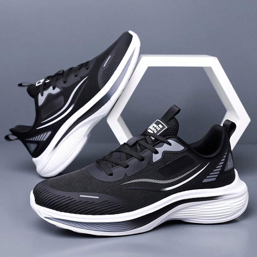 Men's Ultra-Light Breathable Low-Top Lace-Up Thick Sole Running Shoes, Spring/Autumn Mesh Athletic Casual Sneakers - Black - View 1