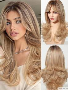 22 Inch Medium-Long Curly Wavy Wig, Mixed Blonde Color, Natural Heat-Resistant Synthetic Fiber Wig, Suitable For Women's Daily Wear, Parties And Commuting - Blonde Ombre - View 4