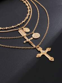 4pcs Minimalist Cross Pendant Necklace Set, Geometric Metal Chain, Casual Daily Wear For Men & Women, Holiday Gift - Gold - View 2
