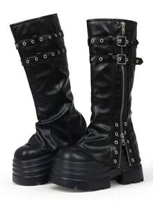Goth Women's Fold Over Knee High Boots Platform Y2k Punk Thick Sole Belt Buckle Wedges High Heels Motorcycle Ruched Slouchy Boots Fashion Halloween - Black - View 7