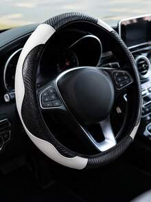 1PC Universal Carbon Fiber Textured Car Steering Wheel Cover, Made Of High-Grade Black And White PU Material, With A Non-Slip Grip Design. A Luxury Car Interior Accessory, Suitable For Sedans/SUVs/Trucks, Ideal For Daily Driving And Road Trips. - Multicolor - View 3
