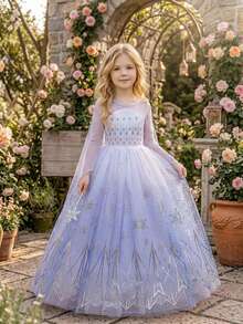 Young Girls Long Sleeve Snowflake Print Mesh Elegant Princess Dress Suitable For Prom, No Headband, Random Mesh Stitching Position On Back - Purple - View 4