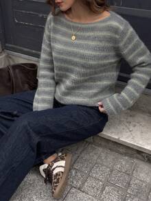Women's Summer Grey Green Striped Knit Top, Boat Neck Drop Shoulder Ribbed Cropped Long Sleeve Casual Sweater - Multicolor - View 3