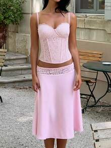 Floral Print Elegant Lace Patchwork 2 Pieces Set, Wedding Pink Summer - Pink - View 3