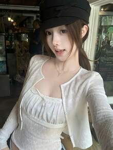 Early Autumn Elastic Lace Jacquard Cardigan & Camisole 2 Pieces Set For Women - White - View 4
