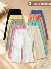 3pcs/Set Celana Panjang Anak Perempuan Motif Gelembung Kotak-kotak Polos Kaki Lebar Warna Acak, Lembut Nyaman Minimalis Serbaguna, Cocok Untuk Musim Semi, Musim Panas, dan Musim Gugur - MultiWarna - View 1