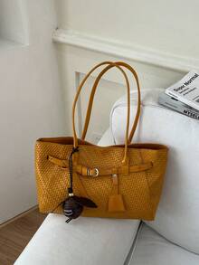 Sac fourre-tout de luxe à la mode, nouveau style vintage, couleur unie, tissé texturé gaufré, style européen et américain, grande capacité, sac à bandoulière de navette haut de gamme, livré avec un breloque de pomme, élégant et décontracté, pour les courses, le travail quotidien, le maquillage, l'ombrelle, résistant à l'usure, en tissu doux, pour les étudiantes, les cours, les courts voyages, polyvalent pour les déplacements quotidiens, sac fourre-tout pour femmes - Multicolore - Voir 11