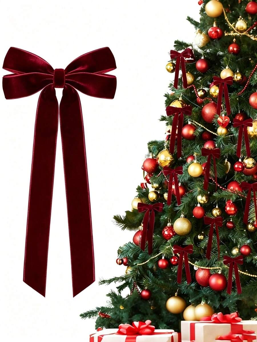 1Pc/3Pcs/6Pcs/12Pcs Burgundy Velvet Bows Christmas Tree Ornaments, 5 X 10 Inch, For Christmas Tree, Home, Room, Birthday Party, Front Door, Wedding And Other Holiday Decorations, Christmas Wreath Bows - multicolor - View 1