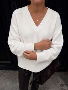 Sweater Rajut Bergaris Putih Sederhana Leher V Lengan Panjang Pullover Dasar Atasan Kasual Elegan dan Nyaman untuk Wanita Musim Gugur/Musim Dingin Pakaian Sehari-hari untuk Hari Thanksgiving - Putih - View 4