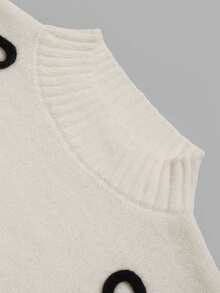 Nicenter Women's Fall Winter Cozy Simple Cream 3D Bow Applique Crew Neck Drop Shoulder Long Sleeve Wool Blend Sweater, For Office Daily Home Date - White - View 5