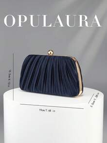 OpulAura 復古奢華手拿包，海軍藍亮面百褶設計時尚派對包，正式晚宴手拿包，高端方盒小包，適合派對/婚禮/正式場合晚餐，附鏈條 - 藏蓝色 - 查看 3