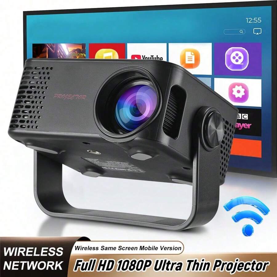 4K 便攜式投影機，WiFi 6 藍牙 5.0 智慧家庭劇院投影機，原生 720P HD 影片投影機，具備自動梯形校正，支援無線螢幕鏡像，相容 iOS Android 手機與電視棒，適用於臥室、客廳、派對 - 黑色 - 查看 1
