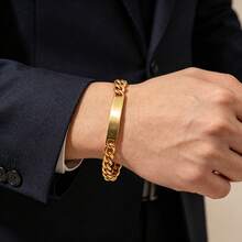 1pc Hip Hop Classic Stainless Steel 18K Gold Plated Cuban Link Curved Smooth Surface Bracelet, Unisex, Suitable For Daily And Party Wear - Gold - View 3