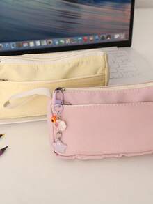 1pc New Ins Simplicity Solid Style Large Capacity Cute Plush Pencil Case With Keychain Simple Stationery Organizer Bag For Students - Pencil Case - View 2