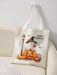 1 buah Tas Tote Kanvas Motif Hantu Kartun Halloween, Tas Bahu Genggam Kapasitas Besar, Tas Belanja yang Dapat Digunakan Kembali untuk Pesta Halloween, Membawa Buku Sehari-hari - MultiWarna - View 3