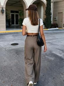 Women's Solid Color Zipper Pocket Straight Leg Loose Long Pants, Suitable For Daily, Vacation, Office, Travel, All Seasons, Commuting - Camel Brown - View 2
