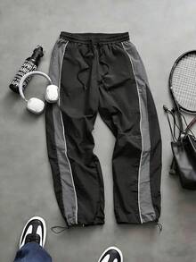Men's Colorblock Patchwork Wide Leg Sweatpants, All-Season Elastic Waist Drawstring Windproof Pants, Loose Silhouette Streetwear Style, Adjustable Cuffs - Black - View 5