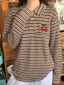 1pc Girls' Vintage Striped Polo Shirt, Cute Cherry Embroidery Collar, Spring/Autumn Knit Top - Multicolor - View 1