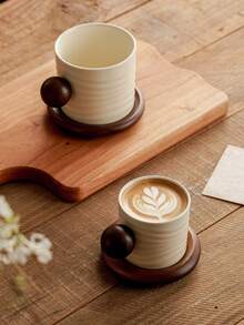 Japanese Wabi-Sabi Ceramic Coffee Cup & Saucer Set With Handmade Texture And Round Wooden Handle – Ideal For Home Afternoon Tea, Latte Art, And Daily Brew – Rustic Elegance For Warm, Inviting Sips. - Multicolor - View 7
