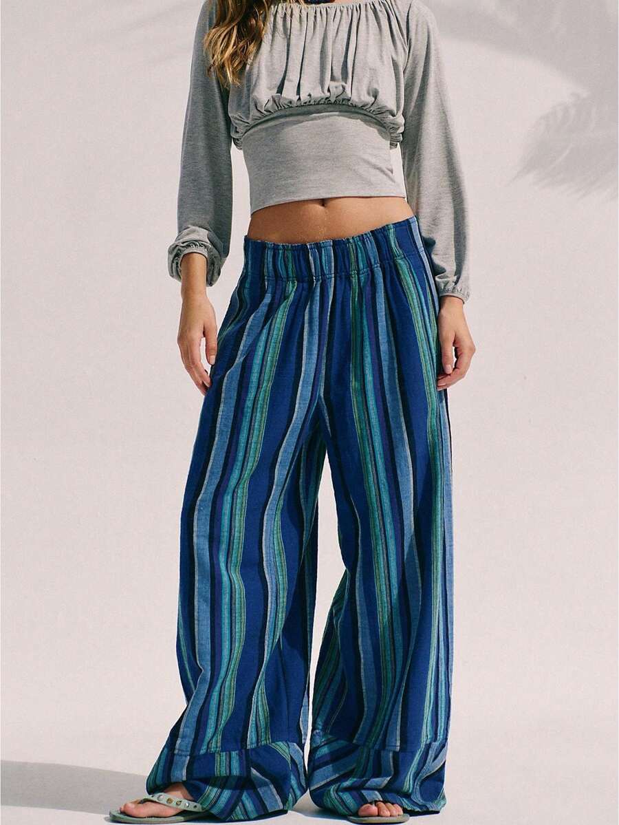 Women Striped Print Palazzo Wide‑Leg Pants With Pockets, Elastic Waist Loose‑Fit Casual Trousers For Beach Vacation Street Daily Outfits - Deep Blue - View 1